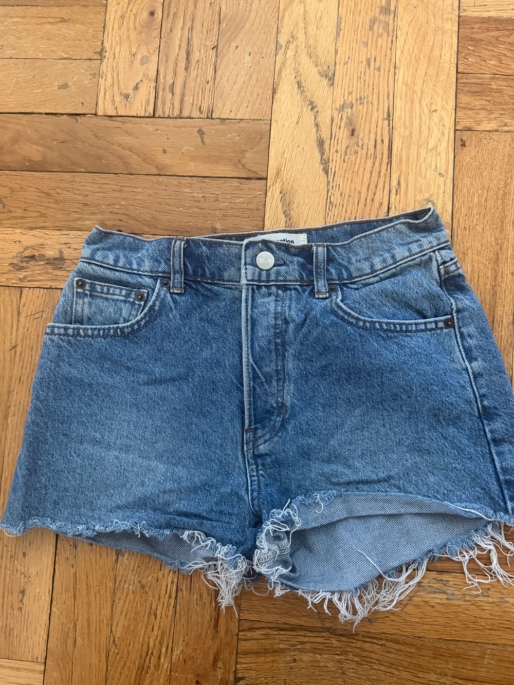 Reformation Denim High-Waist Frayed Hem Shorts - Blue